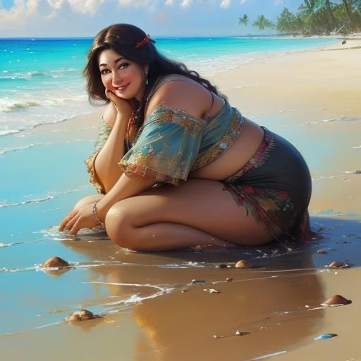 Happy Overweight Lady Posed on Rock by Pino Daeni