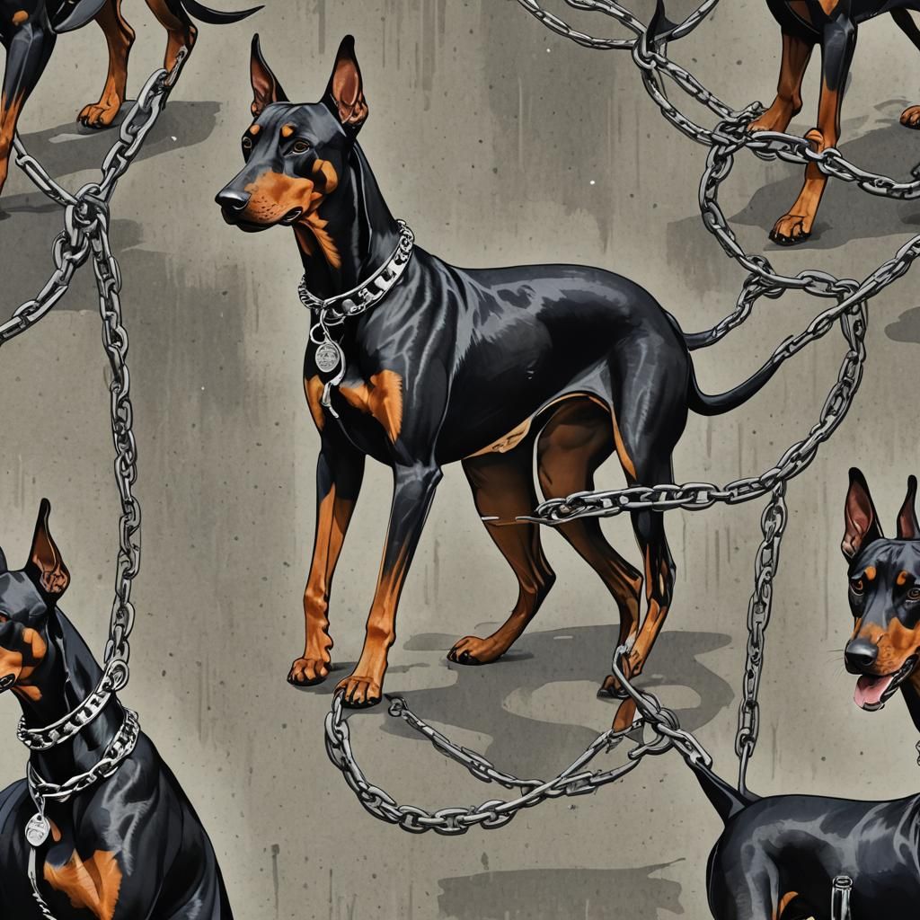 Dobermans with Diamond Chains in Ukiyo-e Style