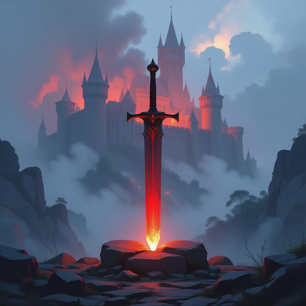 Fiery Sword in Stone Amidst Misty Castle Landscape