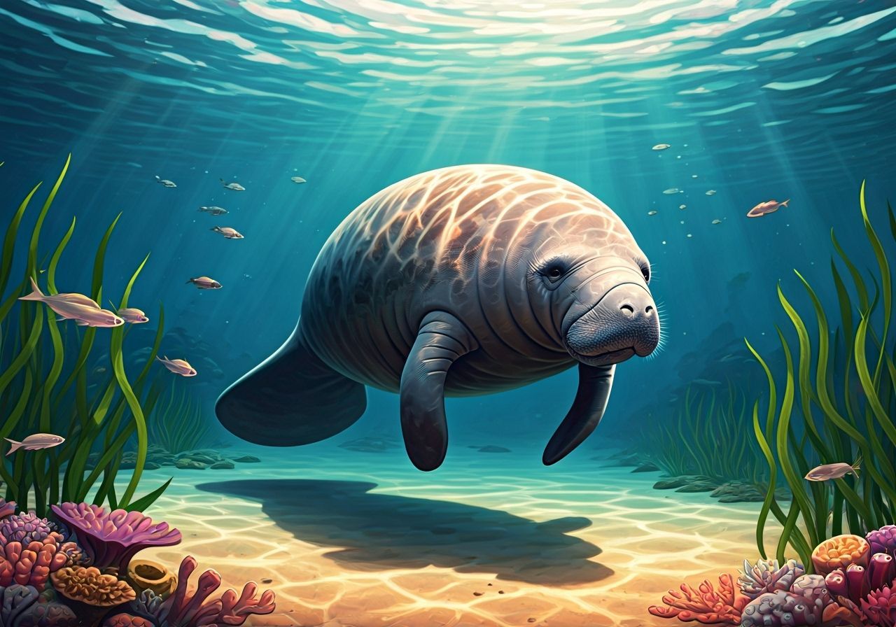 Manatee Glides Through Seagrass: Digital Painting