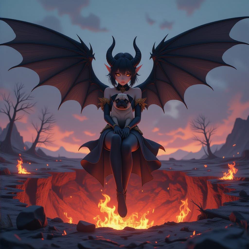 Elegant Demon with Bat-Winged Pug in Anime Style