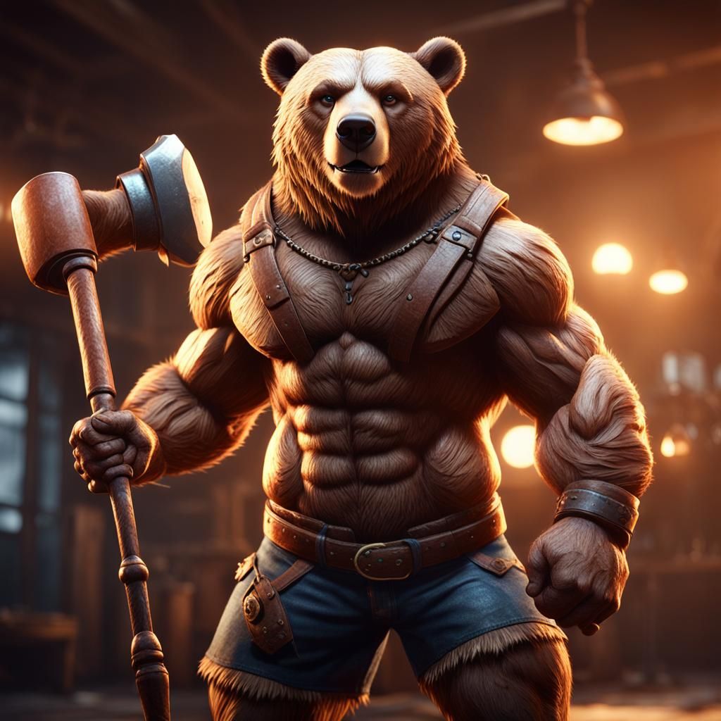 Muscular Anthro Bear with Club: 3D Game Cinematic