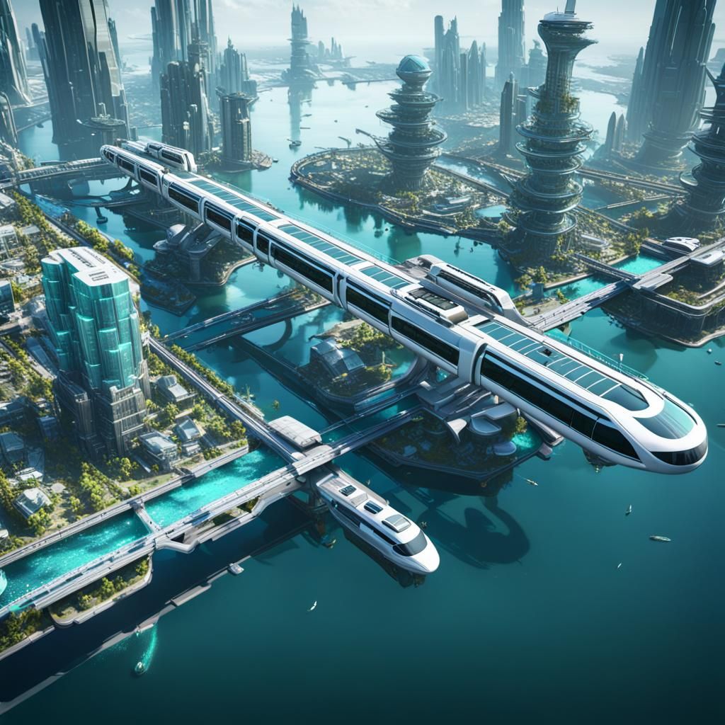 Futuristic Monorail City on Water, 3D Render