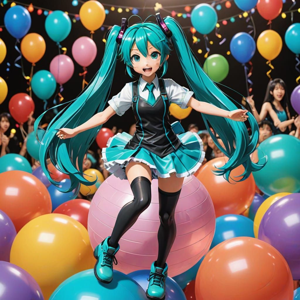Virtual Idol Bounces on Exercise Ball in Vibrant Party Scene