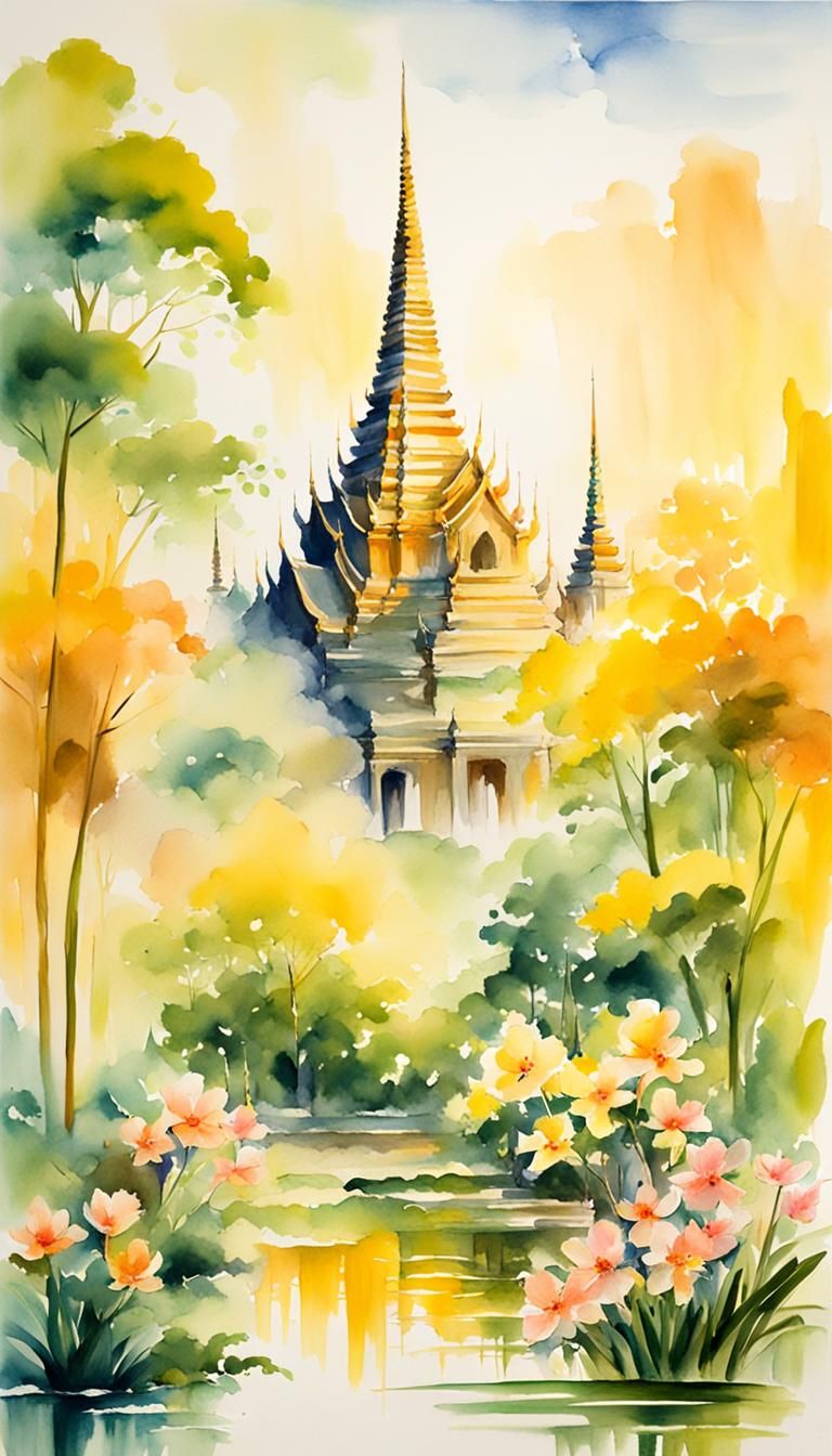 Sanam Liang Wat Phra Kare, dynamic yellow tones, the scene is shrouded in a peaceful atmosphere, it reflects the vibrant...