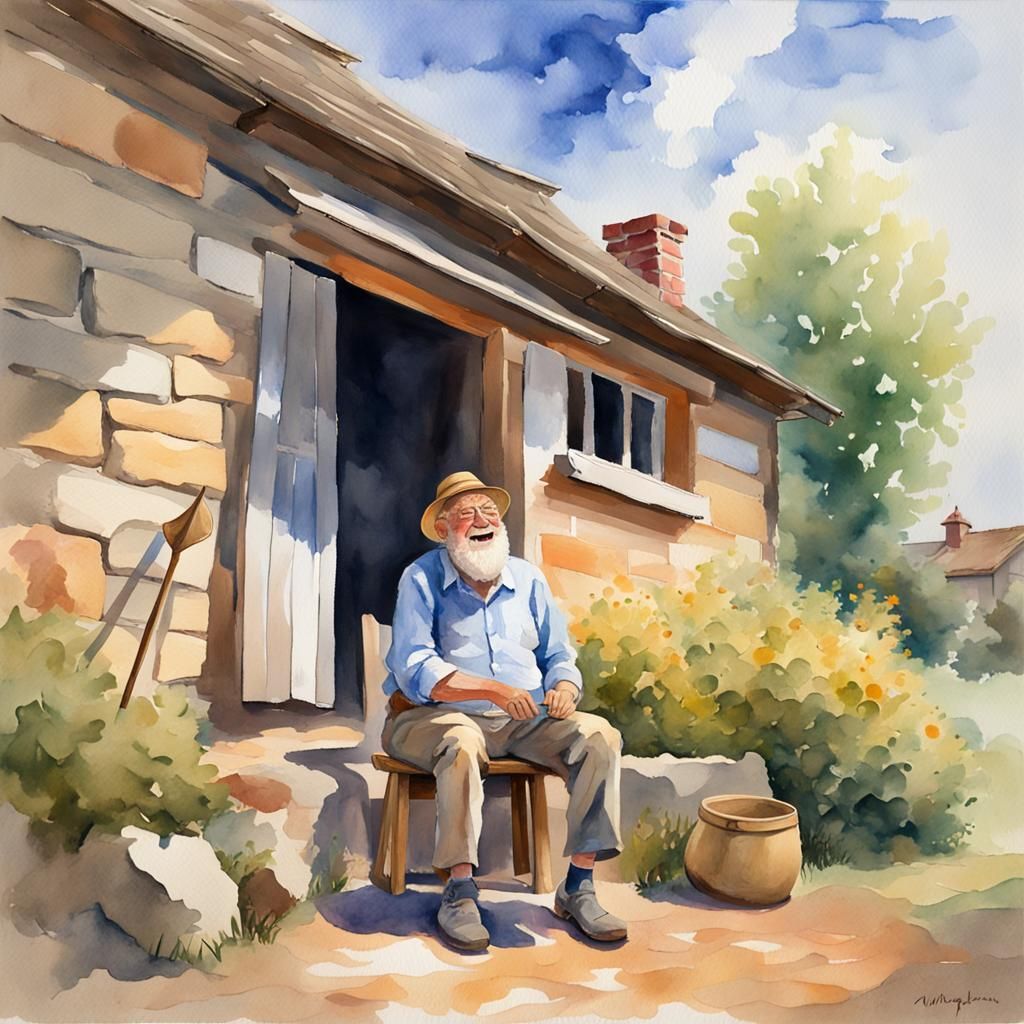 Laughing Man in Sunshine: Watercolor Gouache Painting