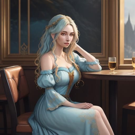 Girl in Restaurant: Detailed Matte Painting in Fantasy Style