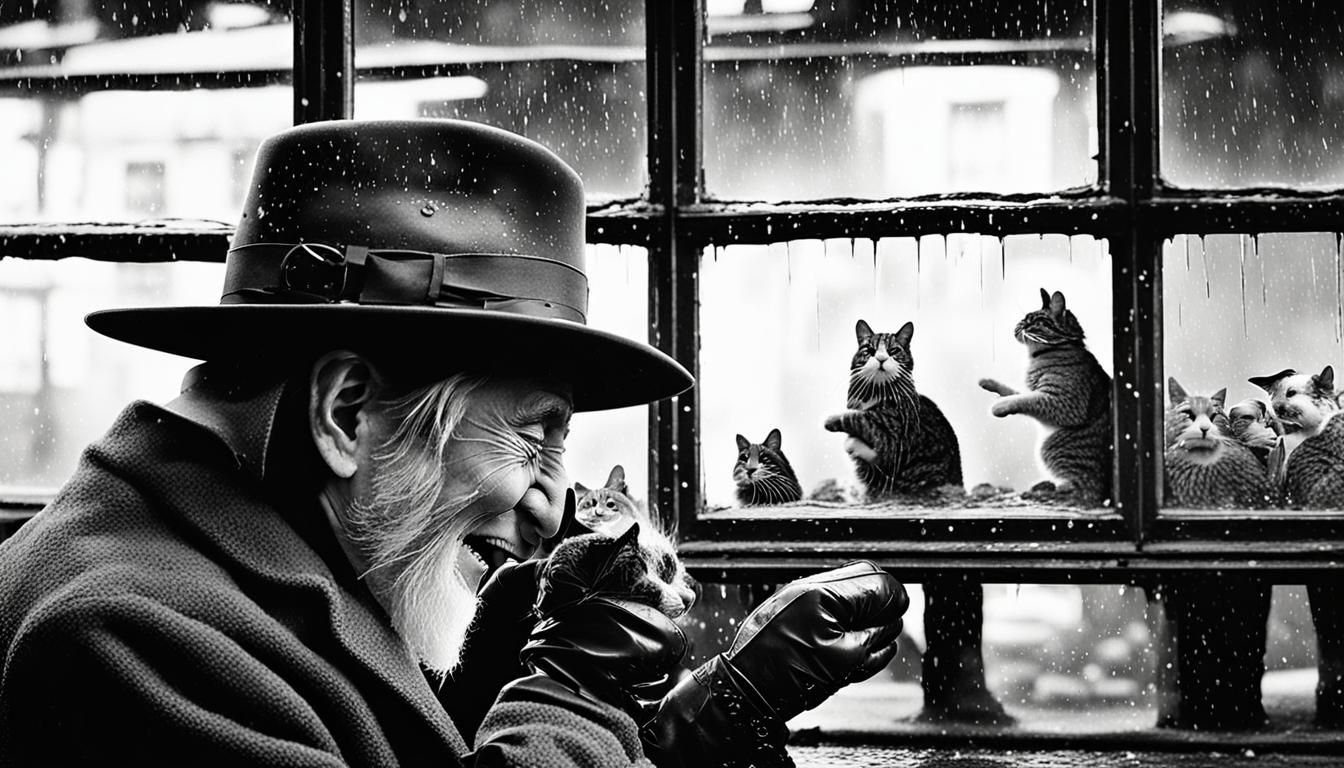 Laughing Animals in Rainy Street, Black and White Photograph...