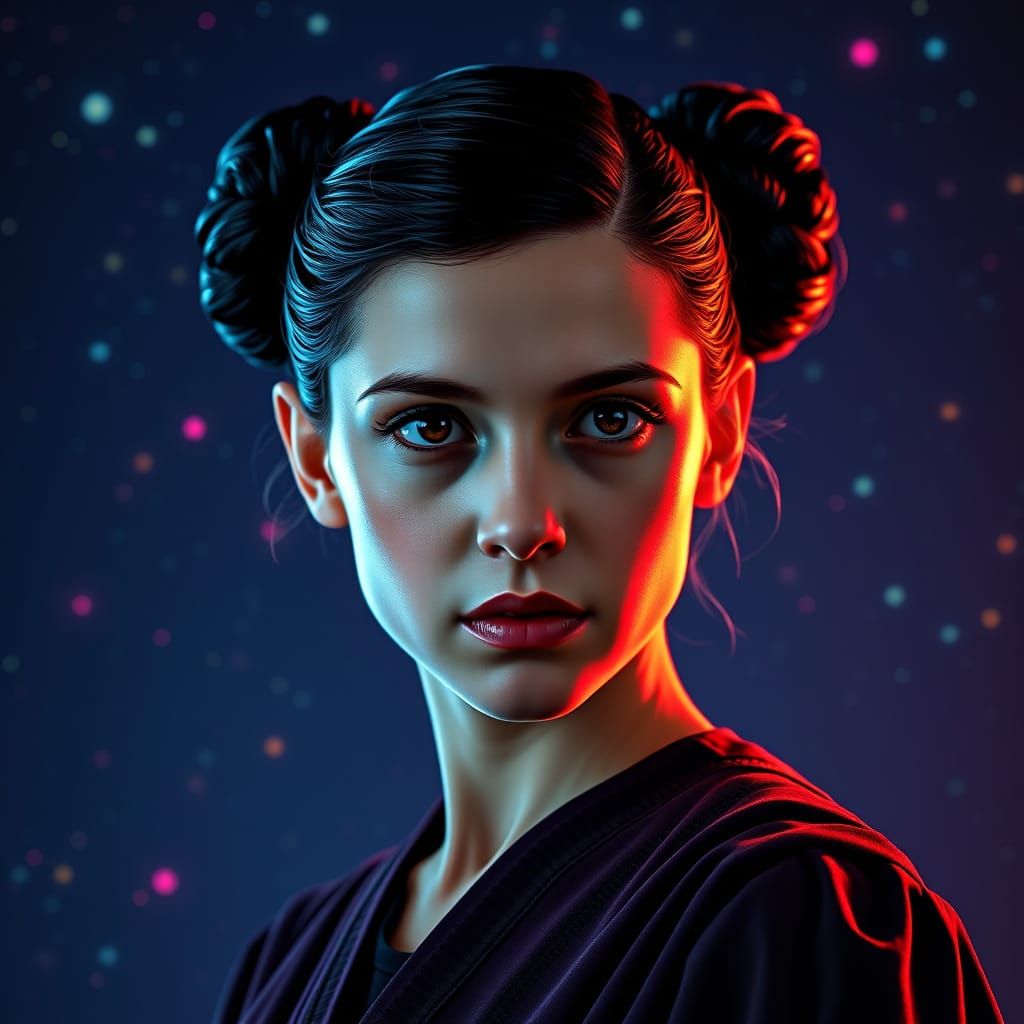 Millie Bobby Brown as Princess Leia in 8k, Cyberpunk-Infused...