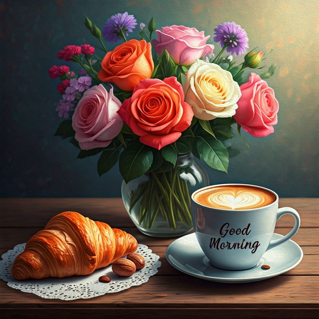 Morning Coffee, Croissant, and Roses in Impressionistic Styl...