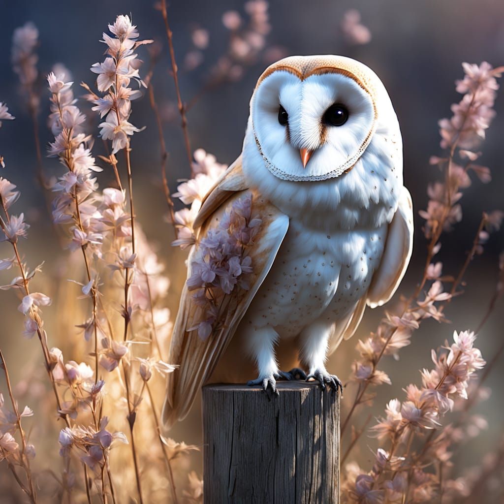 Ethereal Barn Owl with Bioluminescent Flowers