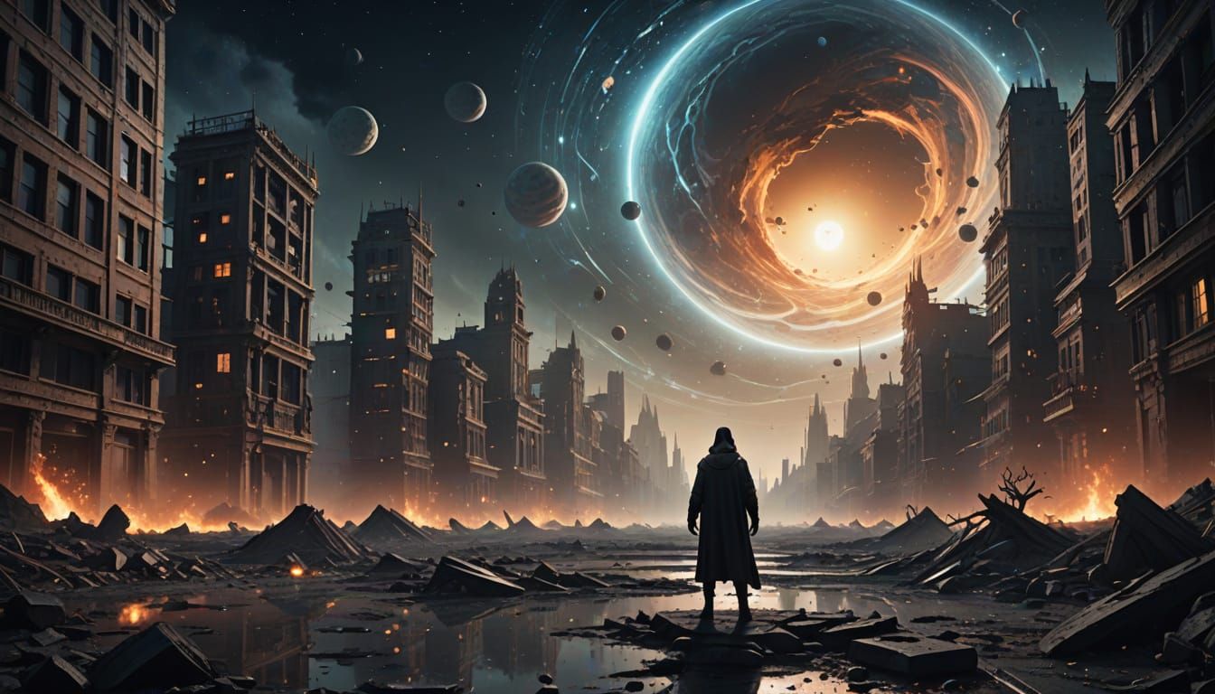 Ethereal Cityscape with Cosmic Sky