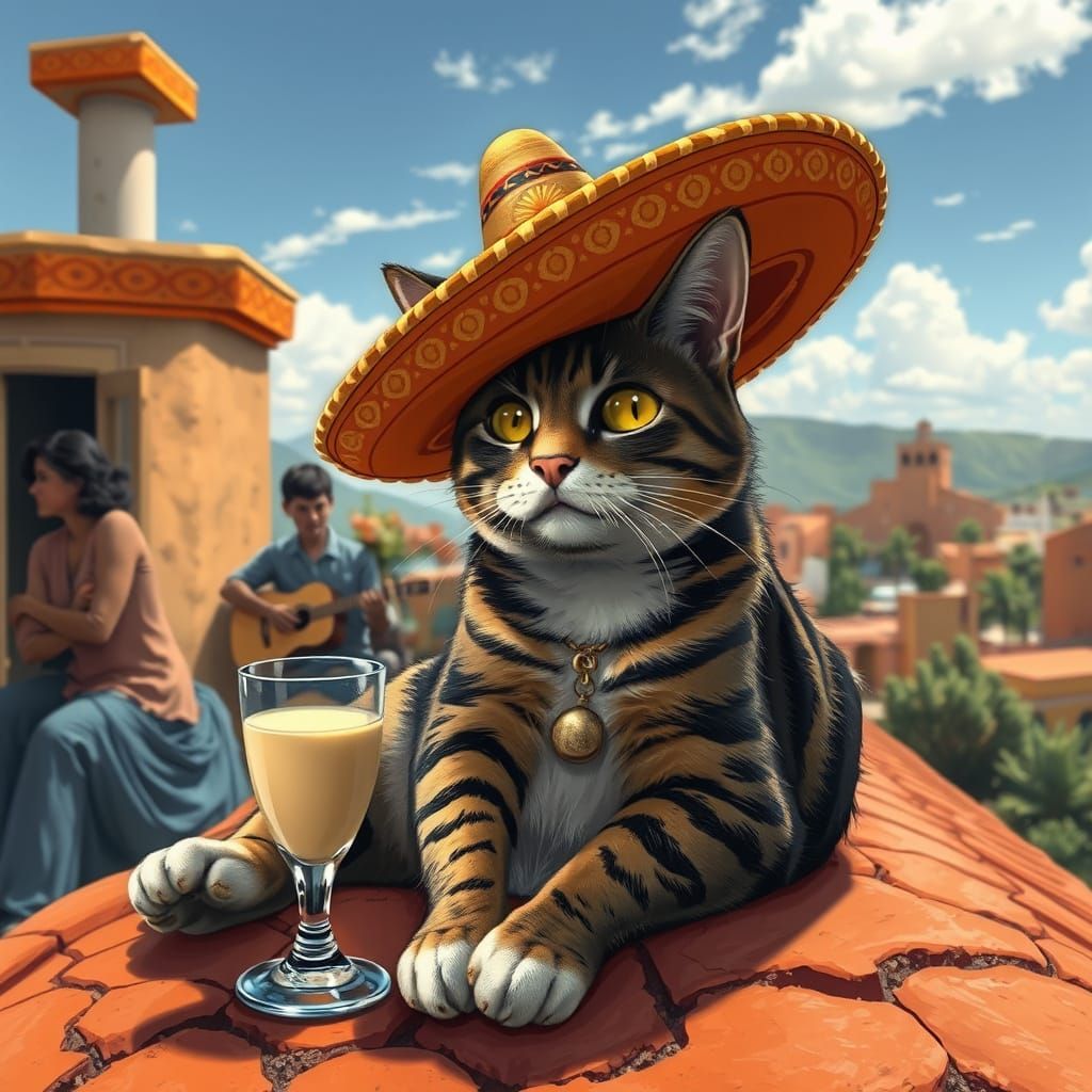 Tabby Cat in Sombrero with Horchata, Digital Art