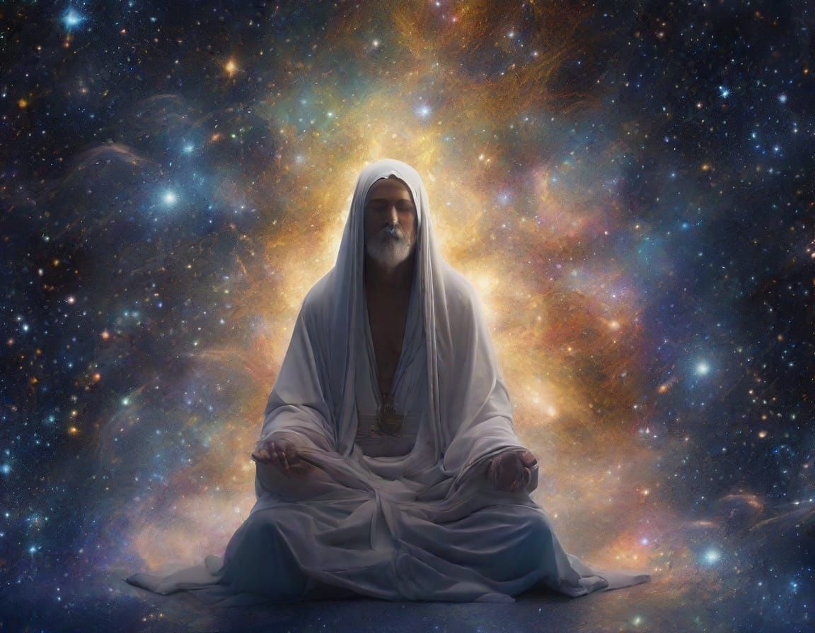 Spiritual Figure Meditating in Cosmic Void