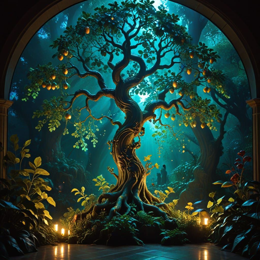 Ethereal Tree of Knowledge in Vibrant Stained Glass