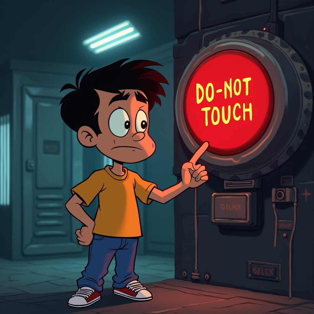 Wide-Eyed Cartoon Character Stands Frozen in Indecision