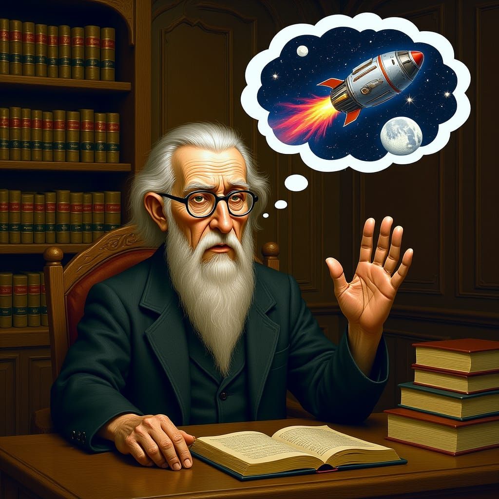 Wizard's Cosmic Escape: Surreal Rocket Dream