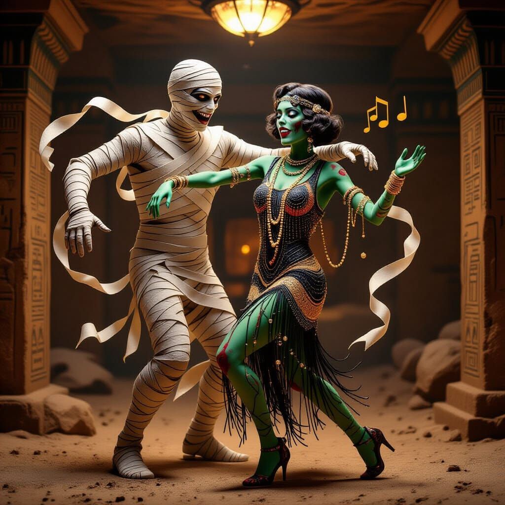 Mummy Swing Dancing with Flapper Zombie in Egyptian Tomb