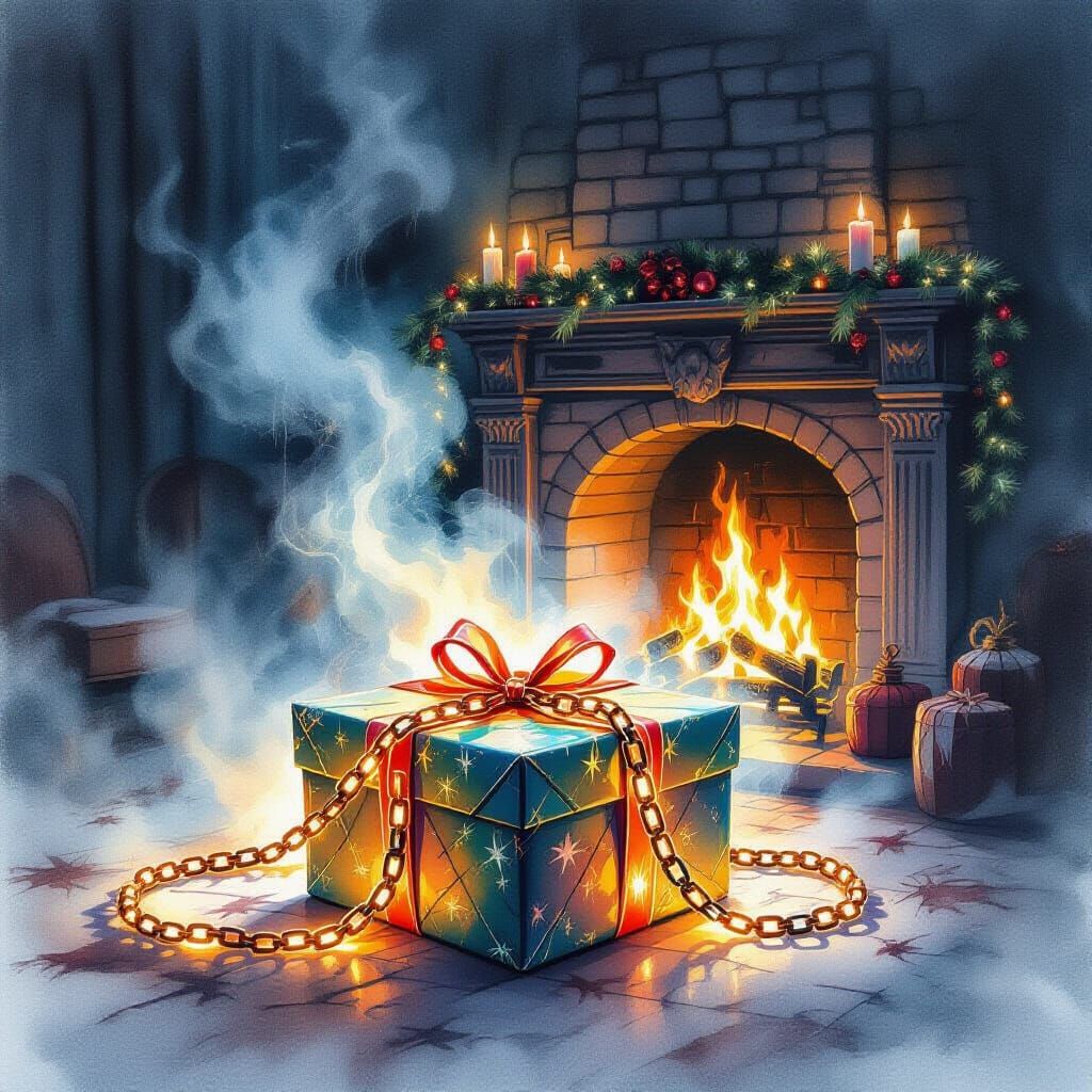 Eerie Christmas Present Wrapped in Glowing Chains