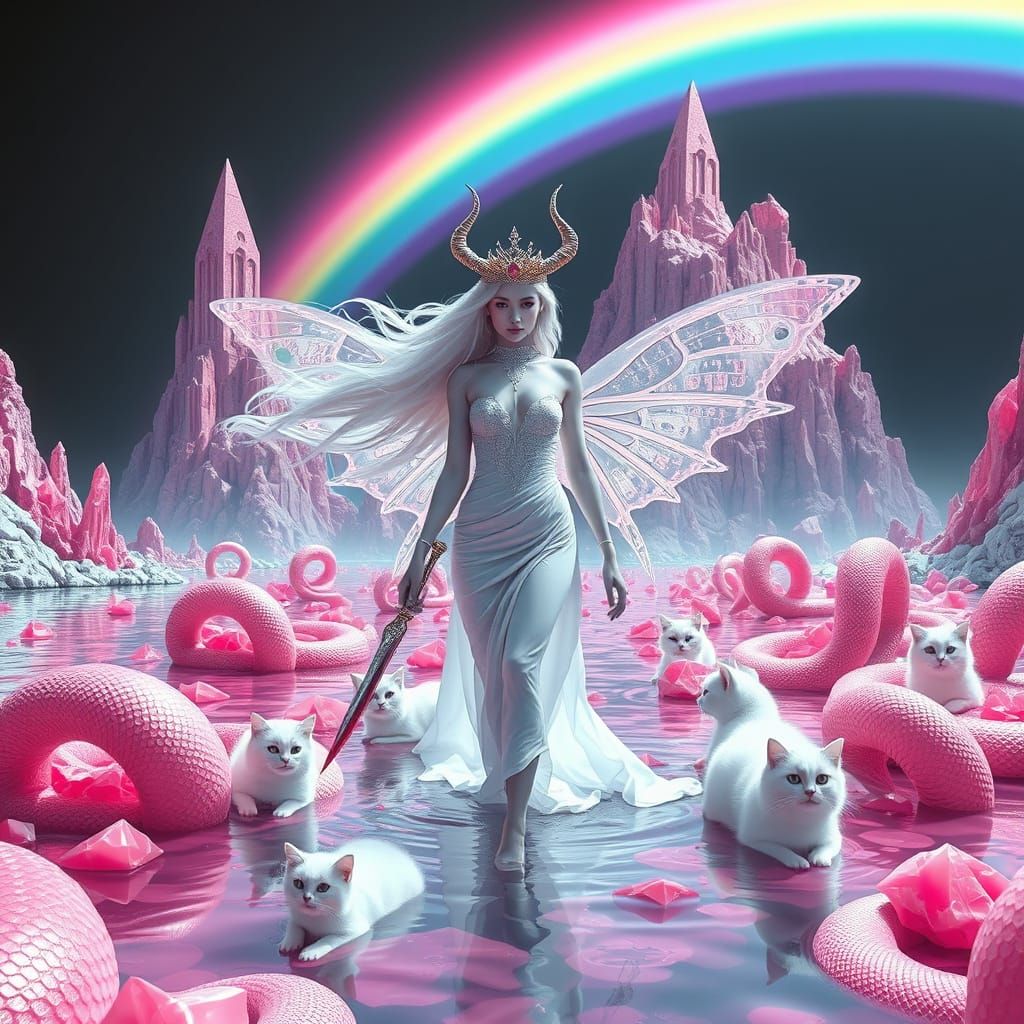 Albino Goddess with Flaming Crown in Dystopian Landscape