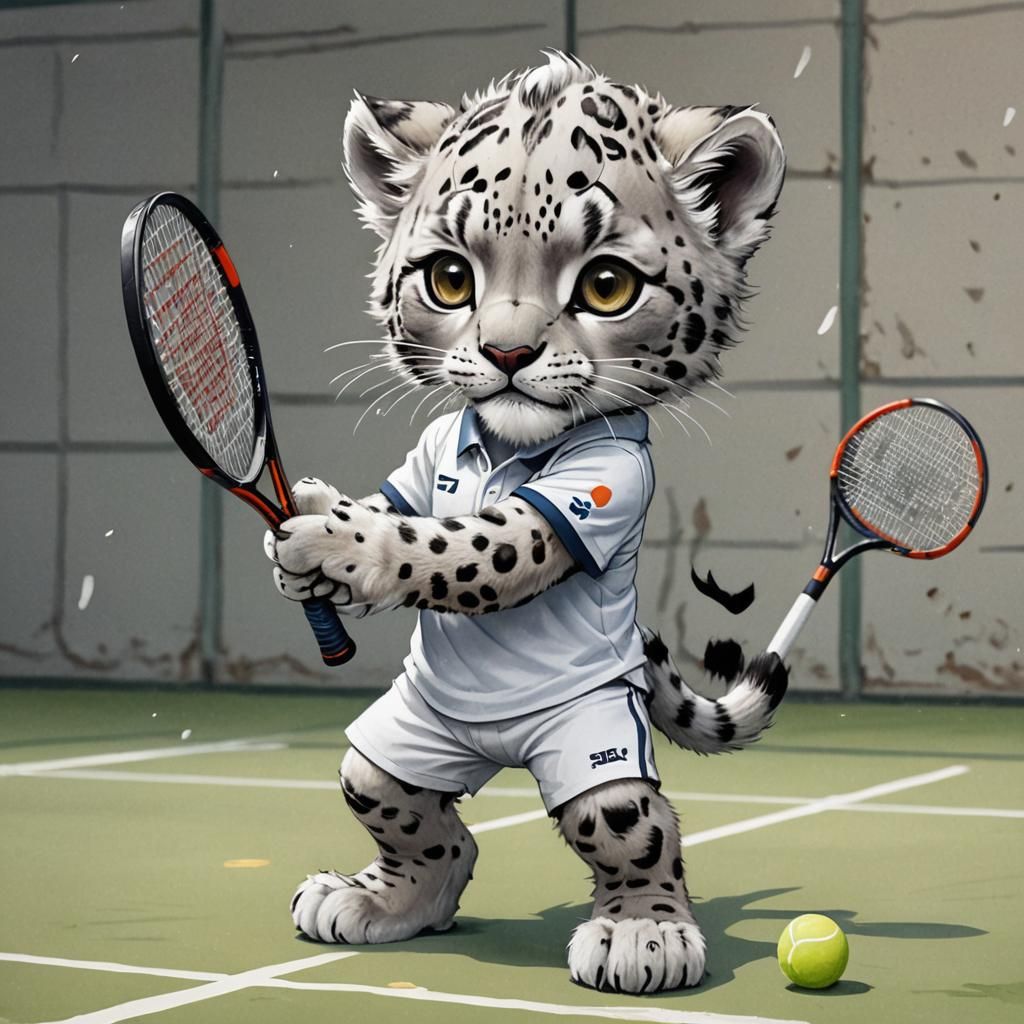 Chibi Snow Leopard Tennis Player on Court
