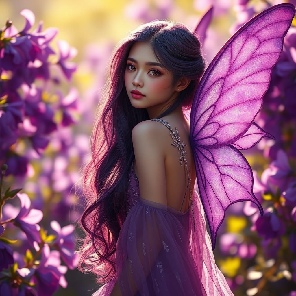 Elegant Purple Fairy in Violet Garden: Ethereal Realism
