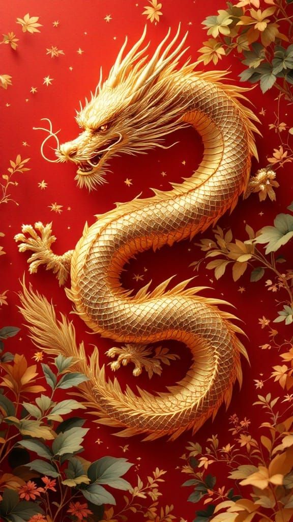 Golden Chinese Dragon on Red Background