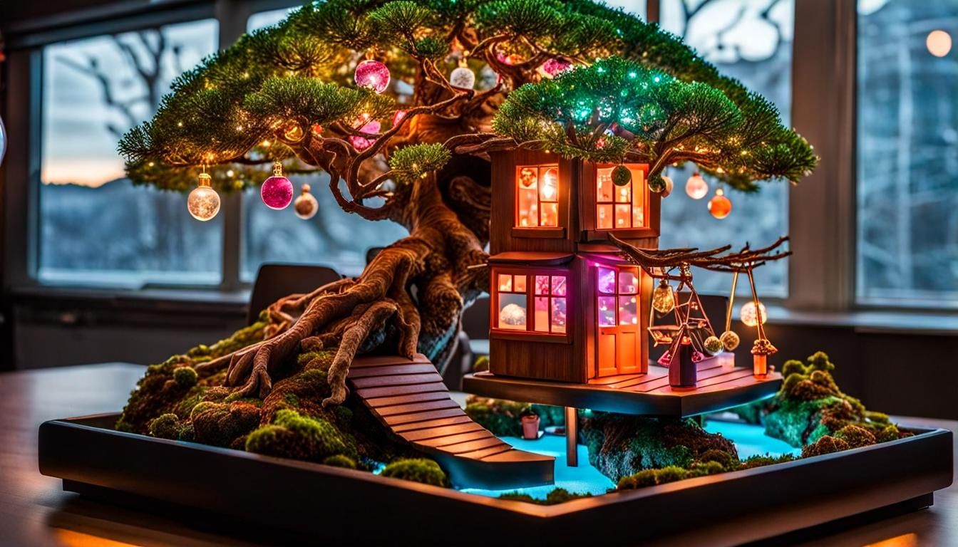 Christmas Bonsai Tree House: Hyperrealistic Splash Art