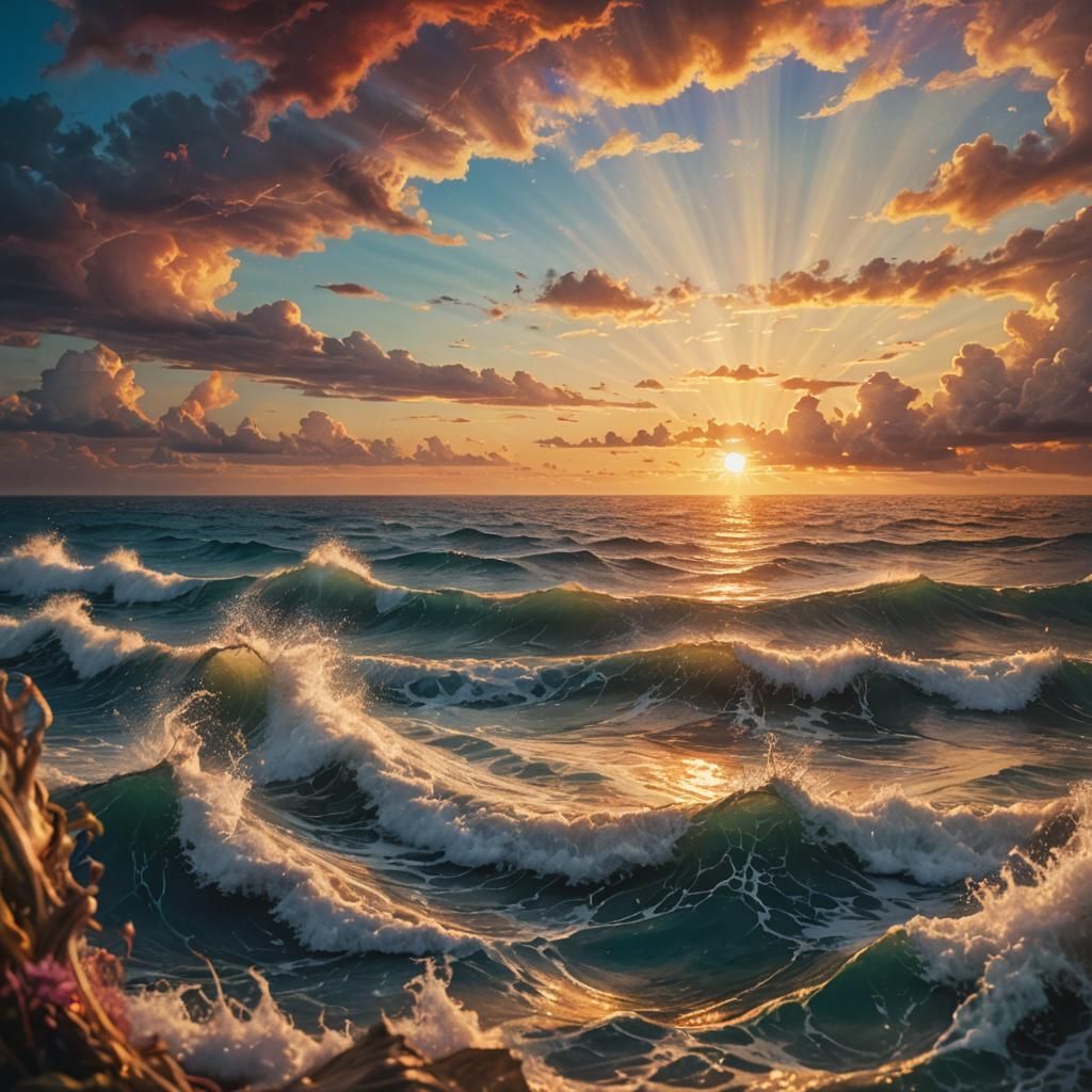 Vibrant Sunset Over Ocean: A Hyperdetailed Fairytale Landsca...