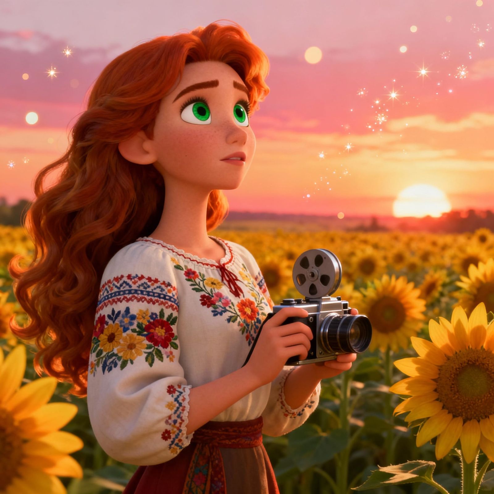 Ukrainian Woman in Sunflowers, Disney Style