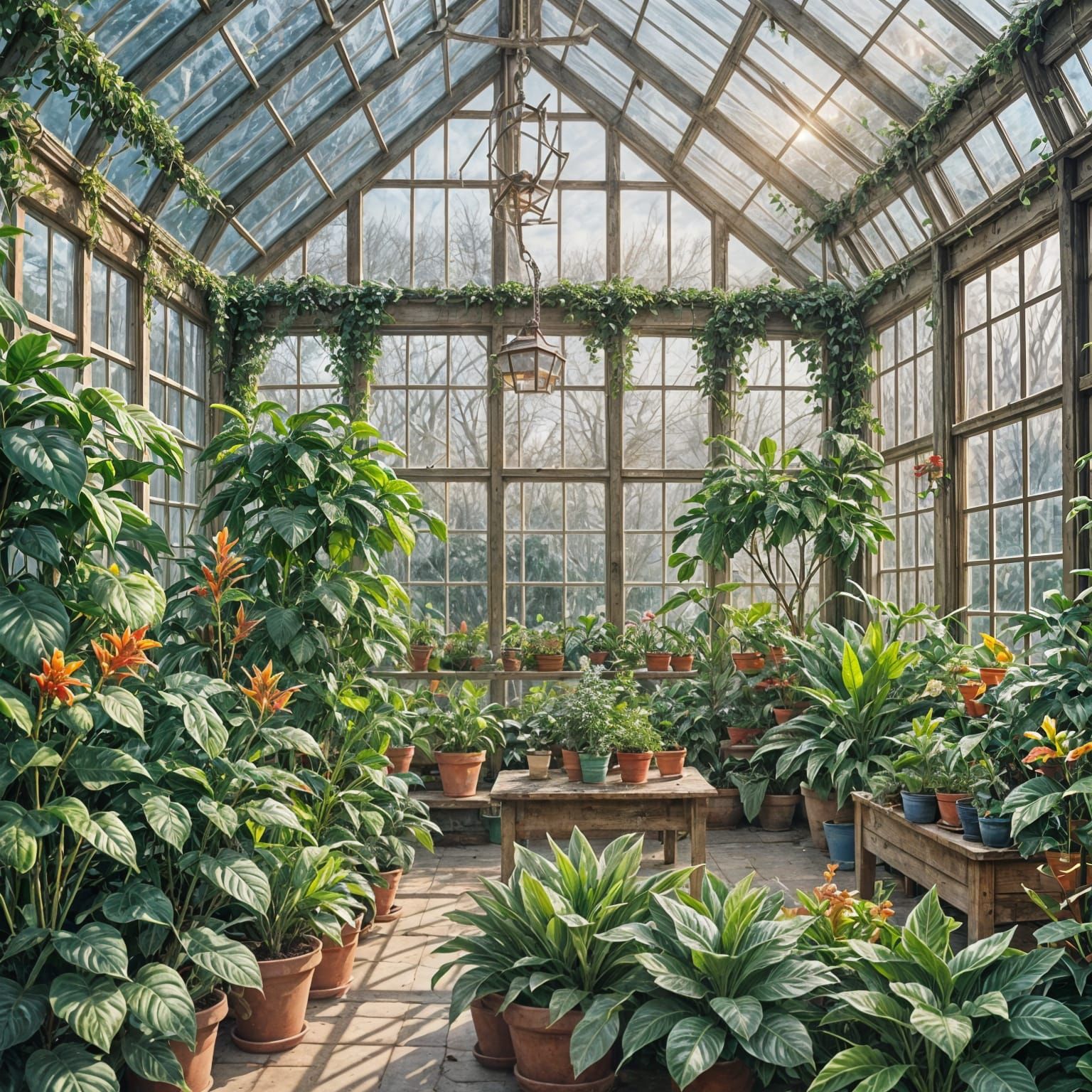 Snowy Greenhouse Interior with Lush Vegetation