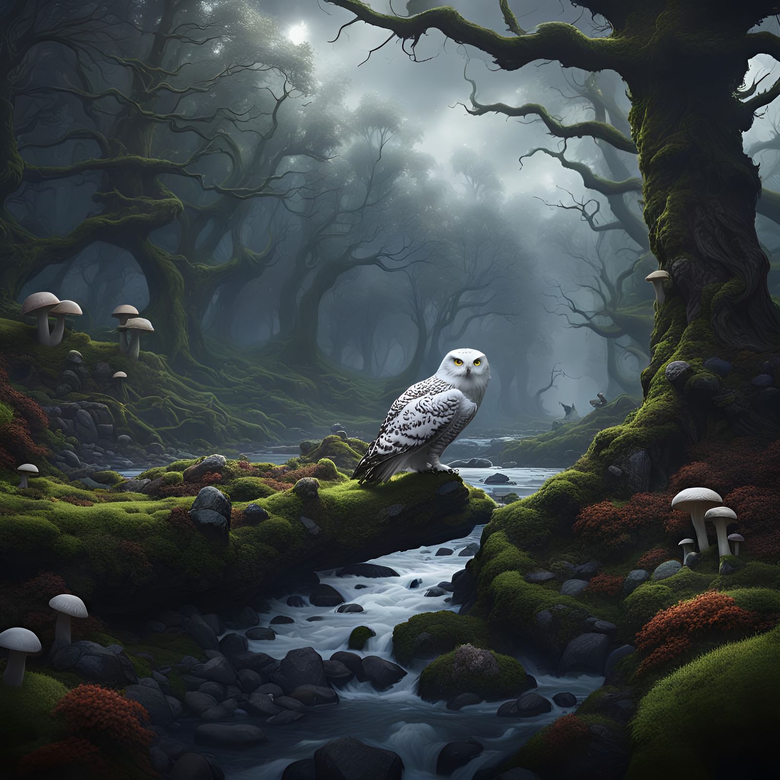 Enchanted Forest with Snowy Owl: Fantasy Concept Art