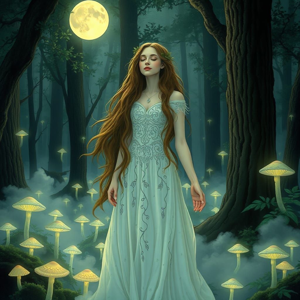 Mystical Singer in Moonlit Forest, Arthur Rackham Style