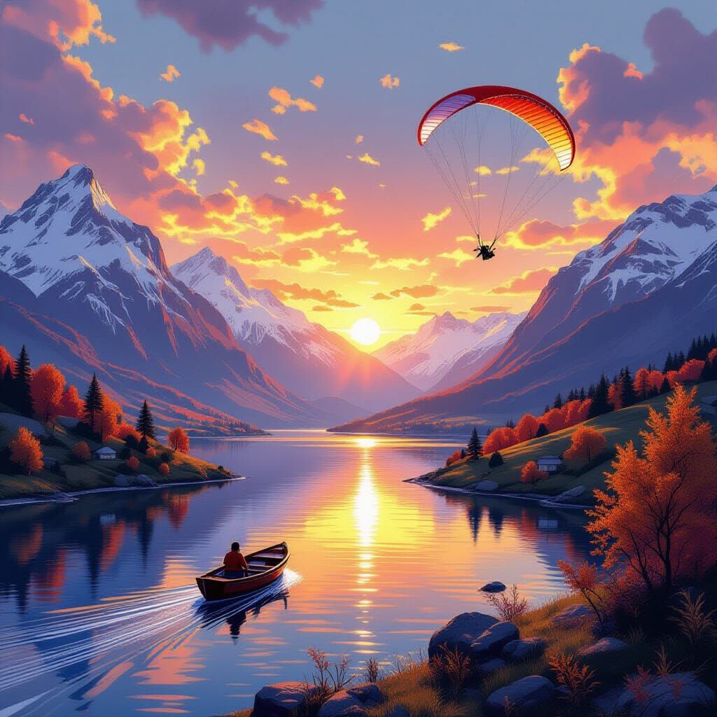 Dreamlike Autumn Sunset Scenery with Mountains and River