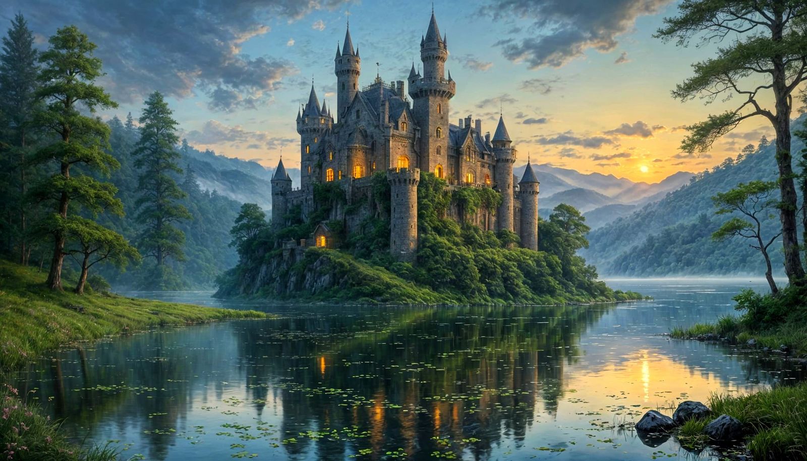 Moss-Covered Castle Rises from Misty Lake at Twilight