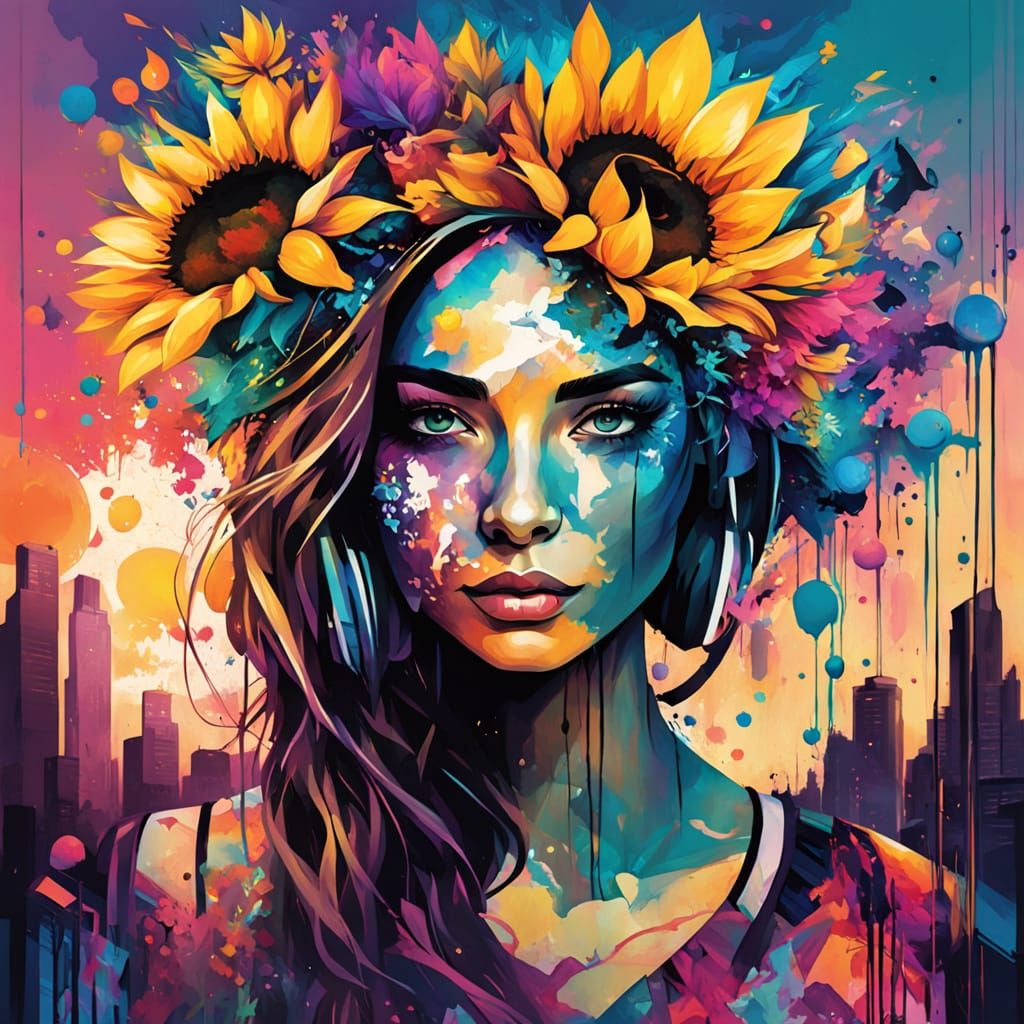 Surreal Sunset Garden in Pastel Hues with Graffiti Aura