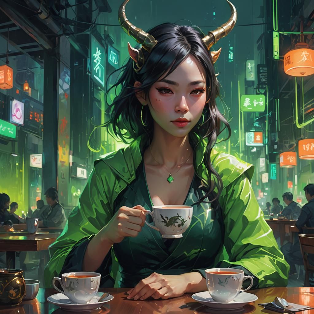 Woman with Tea: A Neon Fantasy Portrait