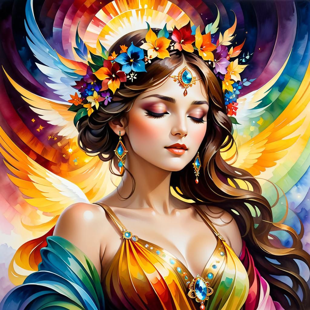 Dreamy Goddess in Festival Colors, Art Nouveau Style
