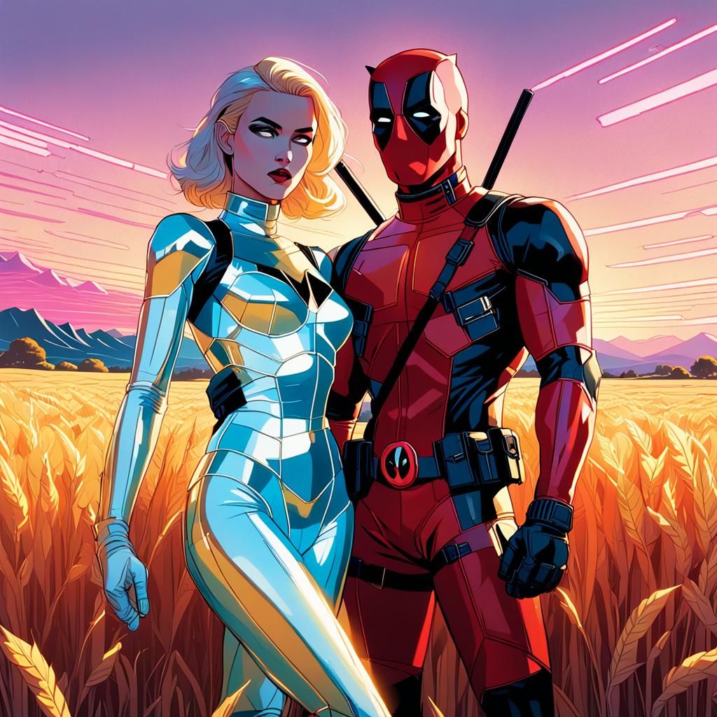 Emma Frost and Deadpool in Synthwave Sunset