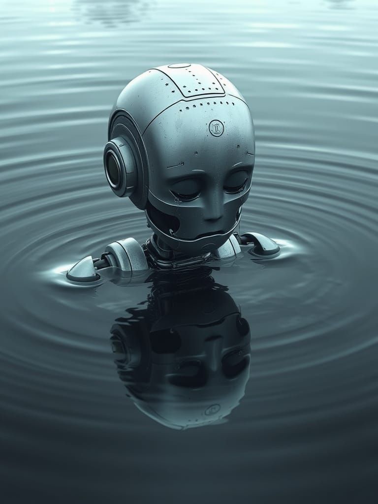 Surreal Robot in Contemplative Moment, Tears Streaming Down ...