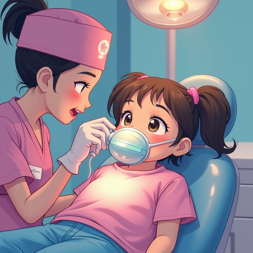 Futuristic Pediatric Dental Scene in Ghibli Style