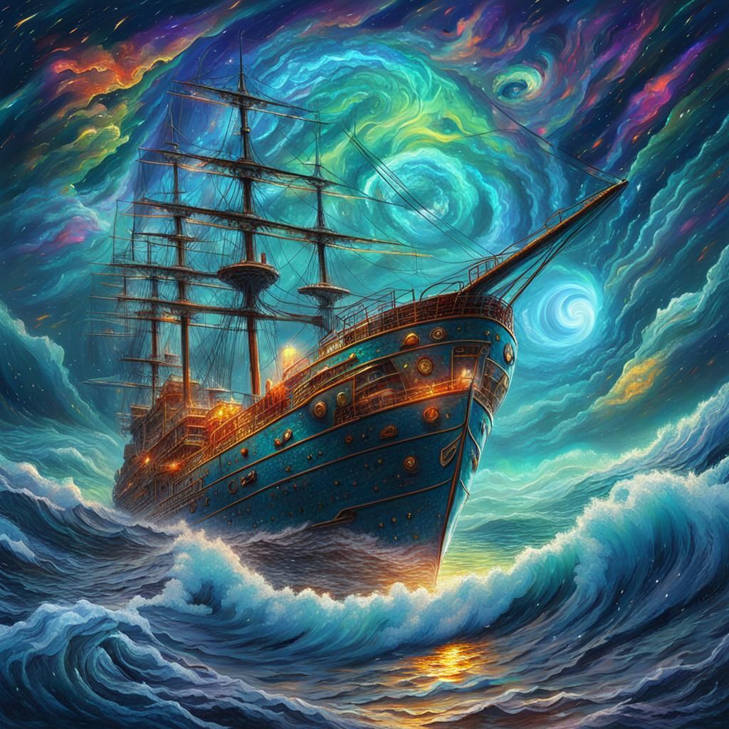 Vessel Navigates Sea Storm: Astral Cosmic Illustration