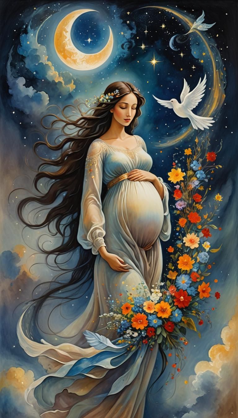 Surreal Pregnant Woman with Angel in Starry Sky