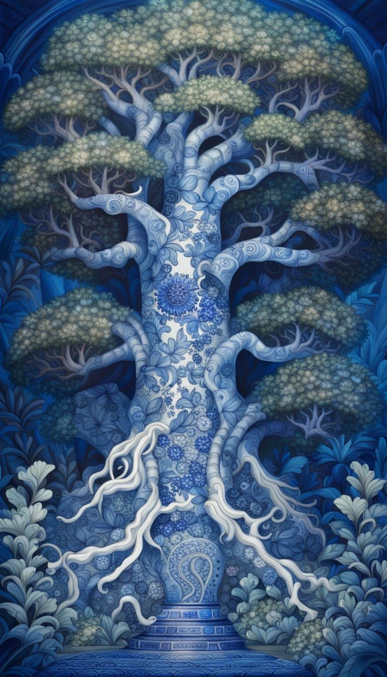 Ornate Porcelain Jungle Tree on Tropical Island
