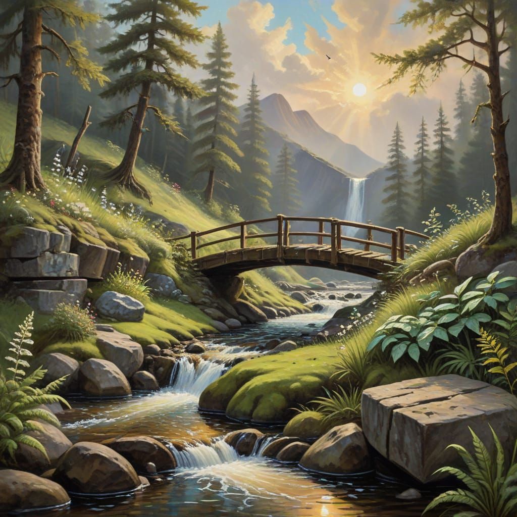 Lush Brook Scene in Vibrant Oil Impasto