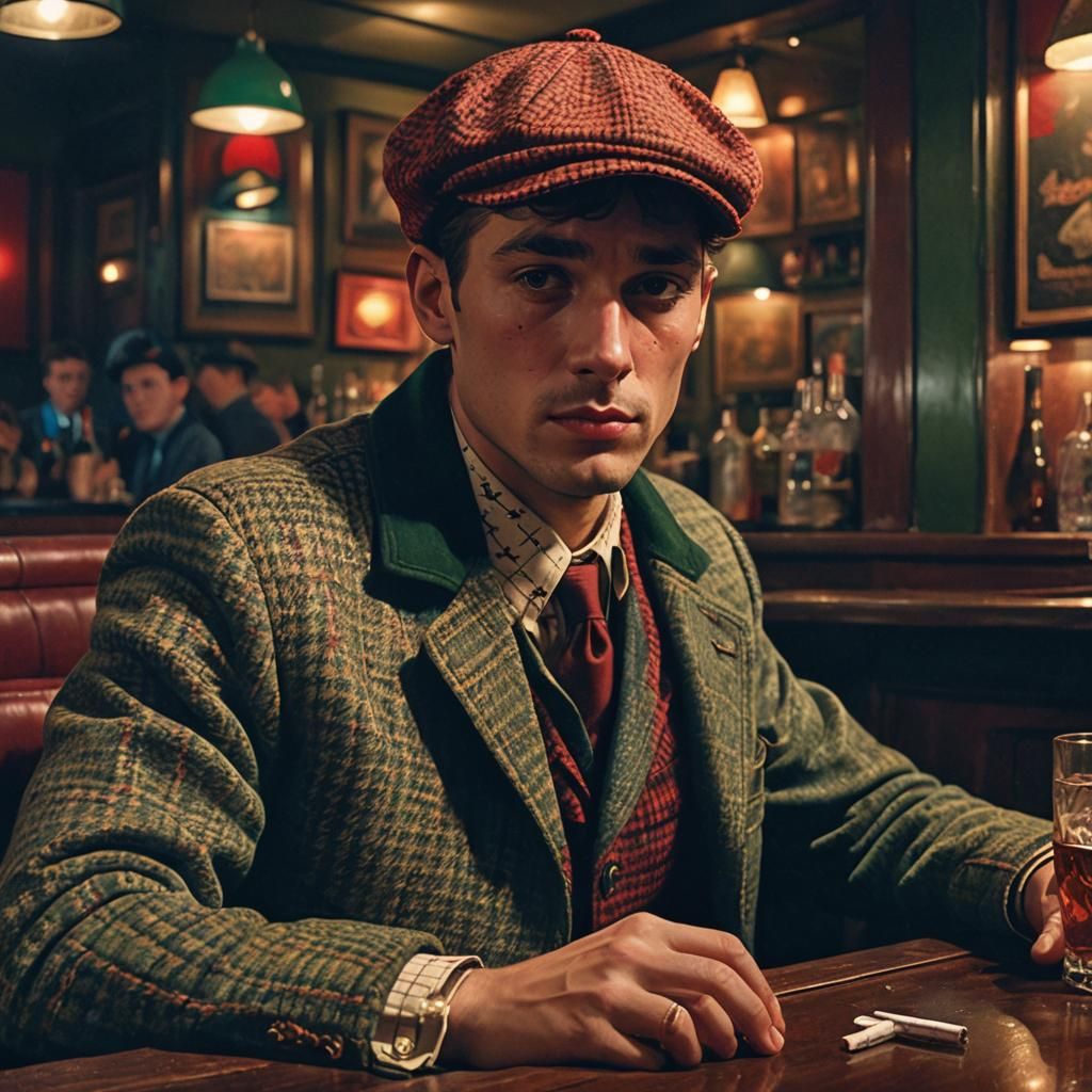 Film Noir: Man in Red Cap at Dimly Lit Bar