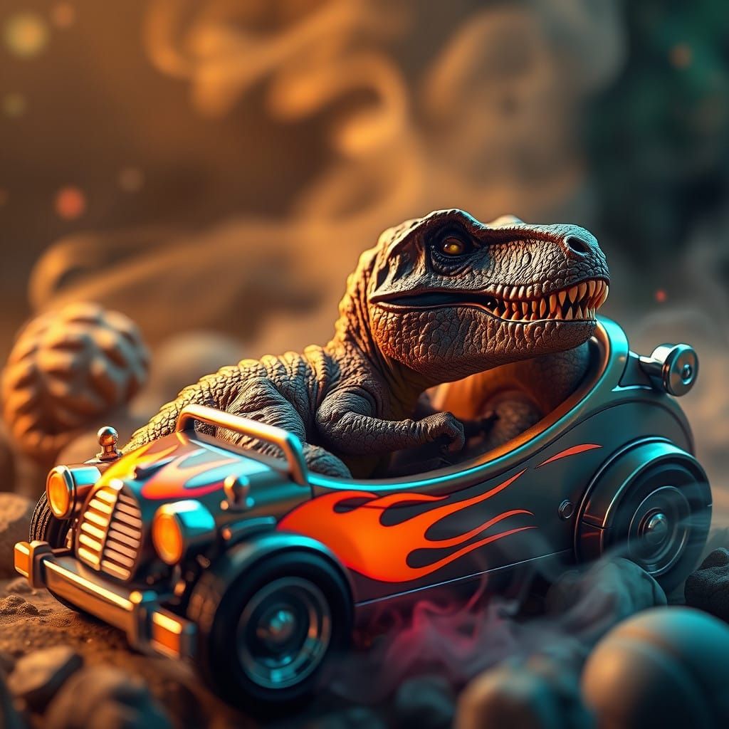 Whimsical Baby T Rex in Neon Hot Rod Bed Dreamscape