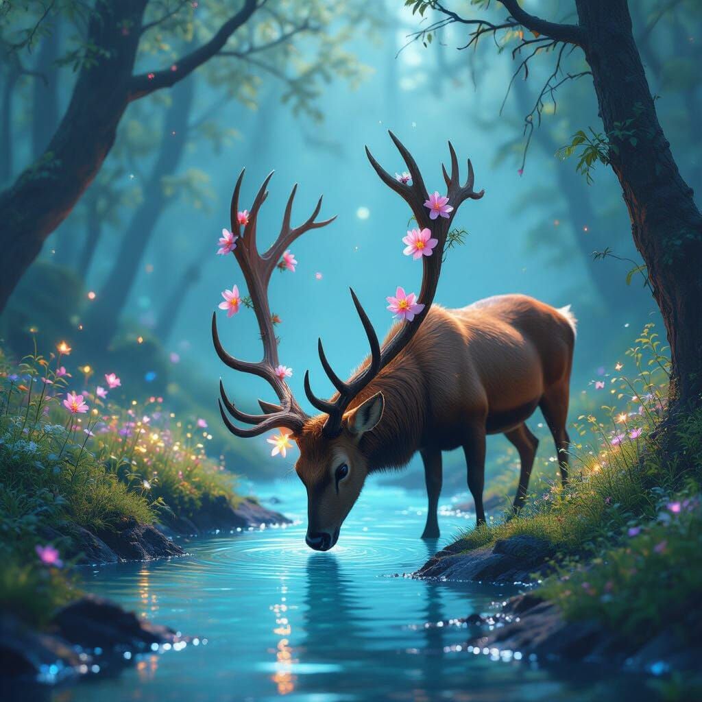 Stag Drinks in Bioluminescent Forest: Painterly Style