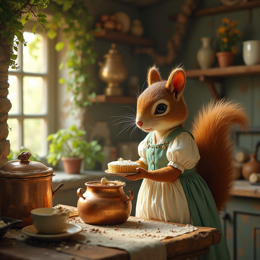 Victorian Squirrel Lady Baking Cake in Treehouse