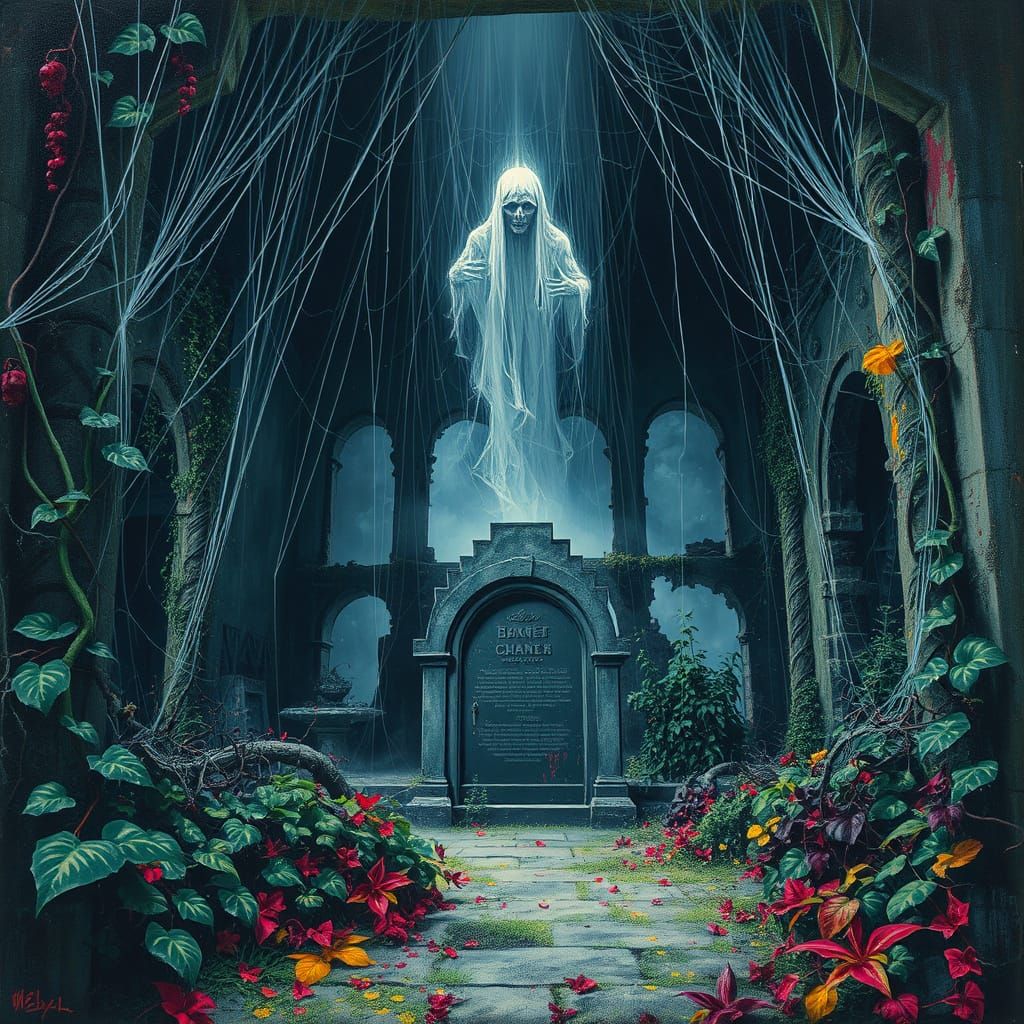 Translucent Spirit in Abandoned Garden, Graffiti Art Style